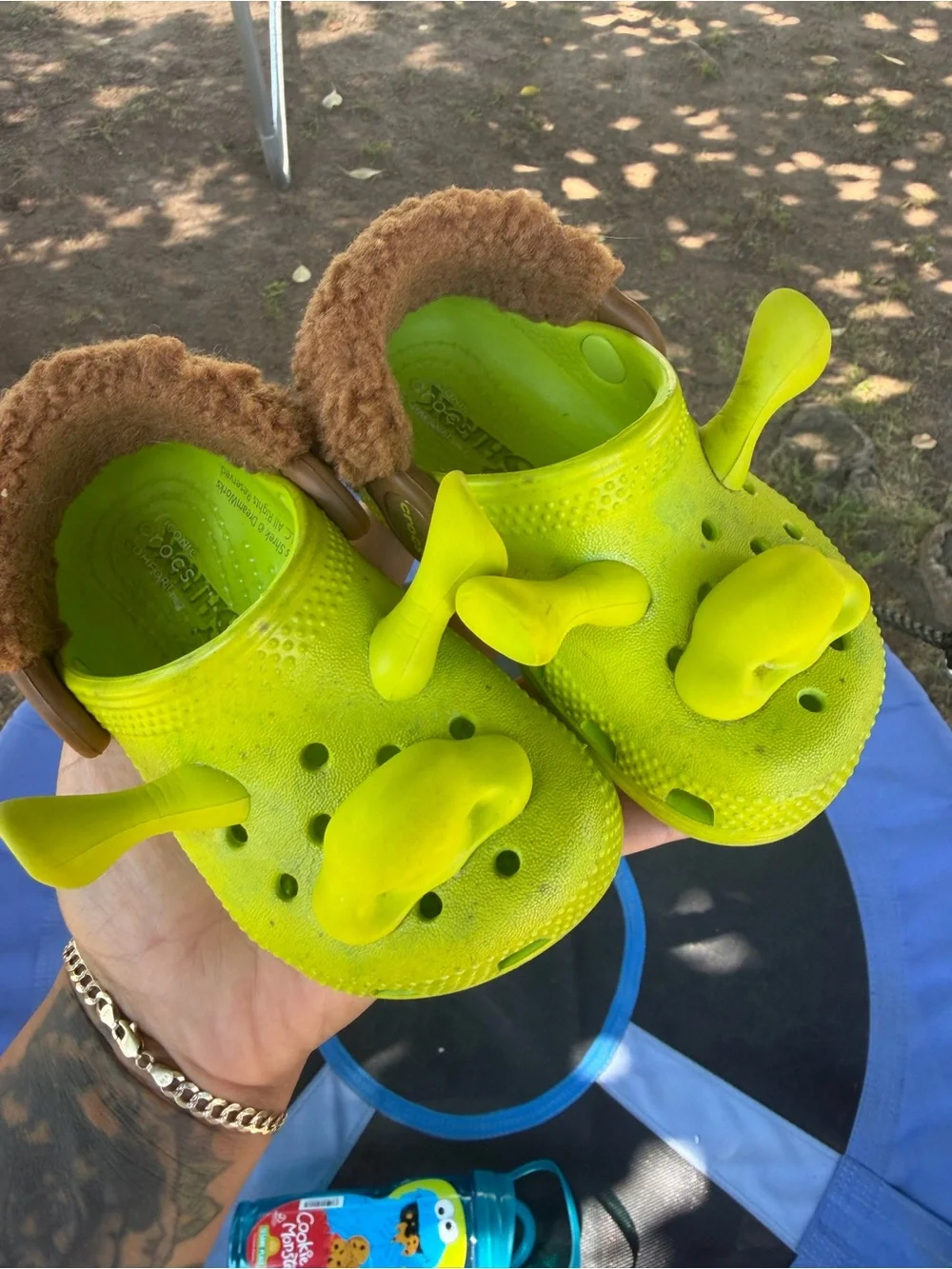 CROCS Kids Neon Lime Clog Sandals with Brown Faux Fur Trim